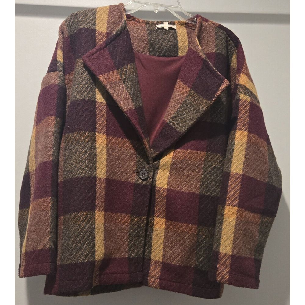 Mystree Plaid Wool‎ Blend Boxy Jacket Coat, Oversized Burgundy Gold Cozy Medium